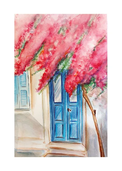 Watercolor Painting Vintage Old Door Cyprus Sketch Art Illustration — Stock Photo, Image
