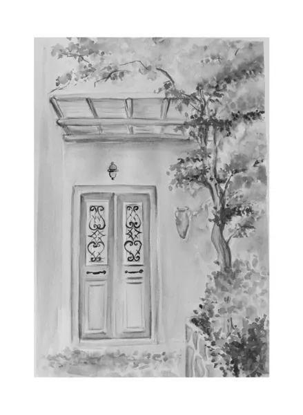 Pintura Acuarela Puerta Antigua Vintage Chipre Boceto Ilustración Arte —  Fotos de Stock