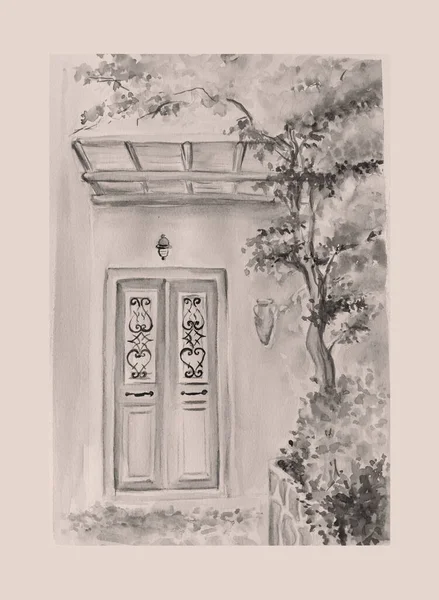 Pintura Acuarela Puerta Antigua Vintage Chipre Boceto Ilustración Arte — Foto de Stock