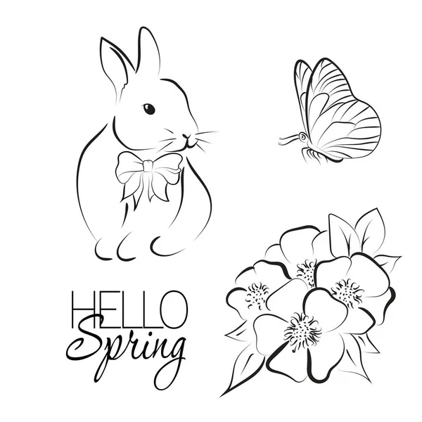 Elegant Line Drawn Spring Set Butterfly Flower Hare Vector Illustration — 图库矢量图片