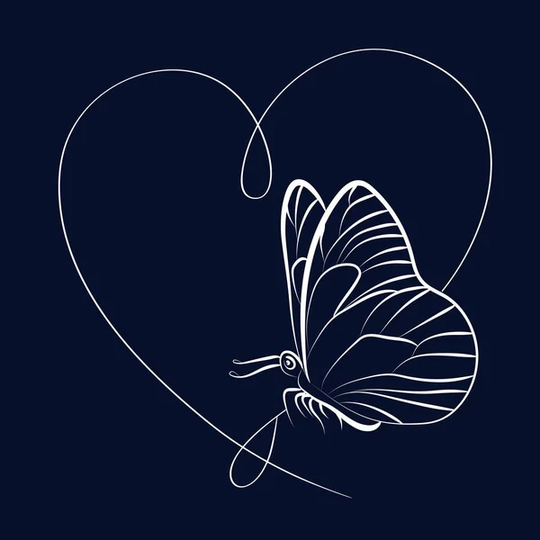 Elegant Outline Heart Butterfly Vector Illustration Card — стоковый вектор