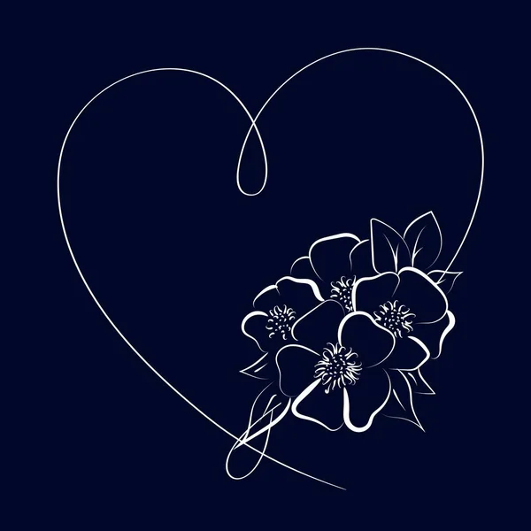 花とエレガントなアウトラインハート ベクターイラストカード — ストックベクタ