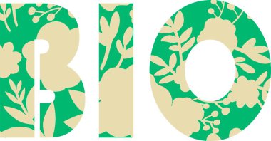 Vektör bio logosu. Vegan, çiğ, sağlıklı yemek rozeti, kafe, restoran, ürün ambalajlama etiketi..