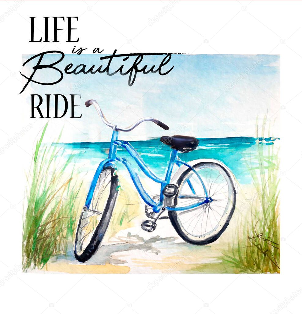 Watercolor painting of Vintage bicycle sketch. Life is a beautiful ride. Art illustration