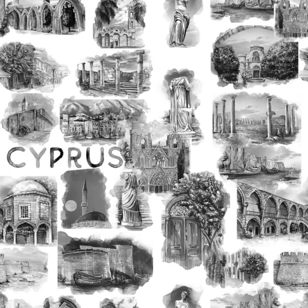 Set Med Handritade Akvarell Ritning Cypern Landmärken Illustration Konst — Stockfoto