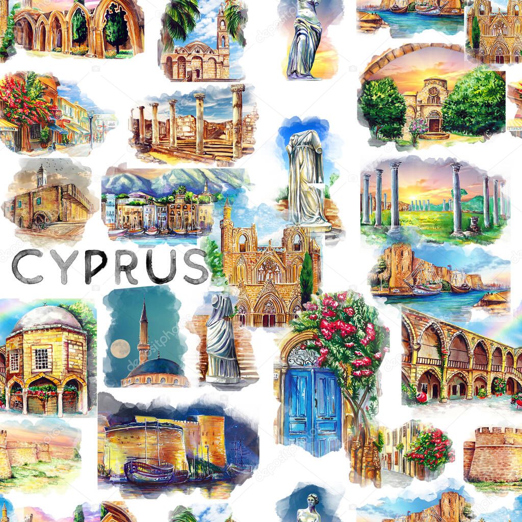 Set of Hand drawn watercolor drawing of Cyprus landmarks, illustration art.
