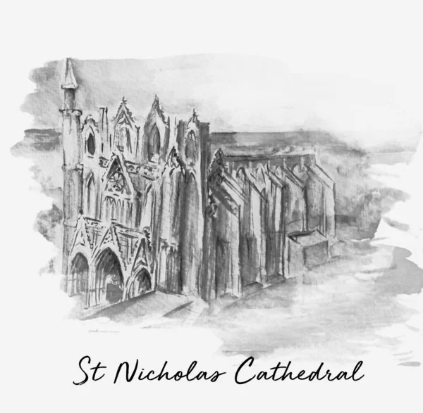 Catedral San Nicolás Dibujada Mano Vintage Ilustración Acuarela — Foto de Stock