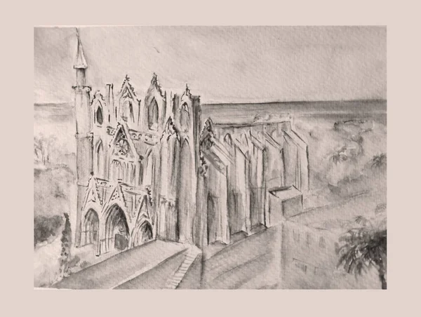古董手绘尼古拉斯大教堂 水彩画 — 图库照片