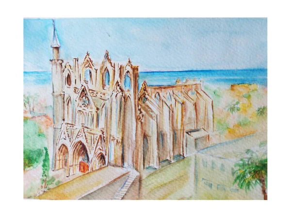 Ancienne Cathédrale Nicolas Dessinée Main Illustration Aquarelle — Photo