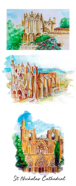 Catedral San Nicolás Dibujada Mano Vintage Ilustración Acuarela — Foto de Stock