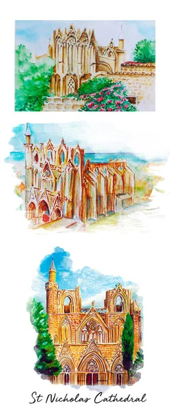 Vintage Met Hand Getekend Nicolas Kathedraal Aquarelillustratie — Stockfoto