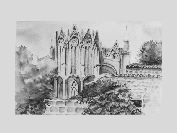 ニコラ大聖堂を描いたヴィンテージ手描き 水彩画 — ストック写真