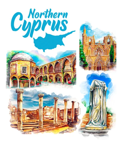 North Cyprus Set Hand Drawn Watercolor Drawing Landmarks Illustration Art — Foto Stock