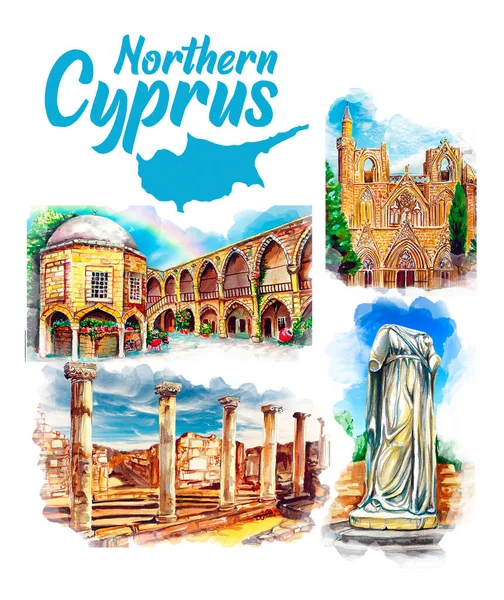 North Cyprus. Set of Hand drawn watercolor drawing of landmarks, illustration art.