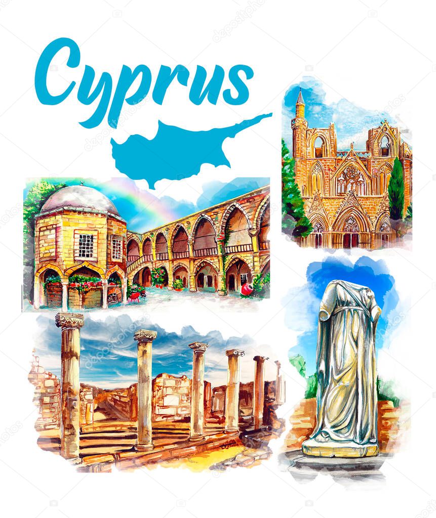North Cyprus. Set of Hand drawn watercolor drawing of landmarks, illustration art.