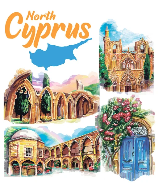 Set Disegno Acquerello Disegnato Mano Cipro Punti Riferimento Illustrazione Arte — Foto Stock