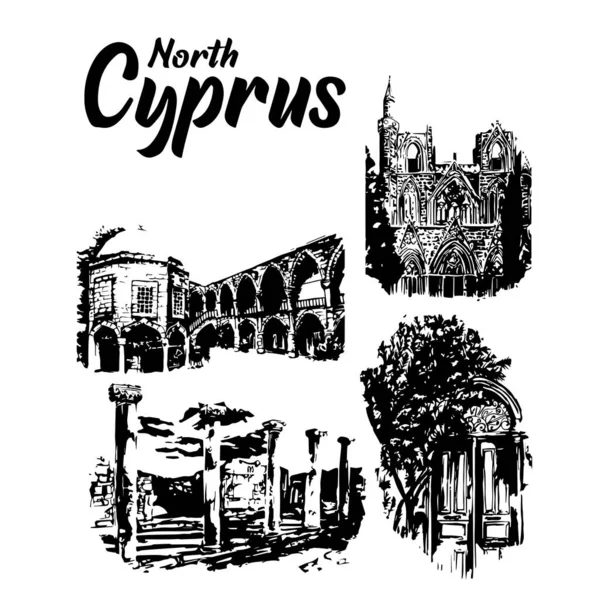 Cipro Del Nord Set Disegno Acquerello Disegnato Mano Punti Riferimento — Vettoriale Stock