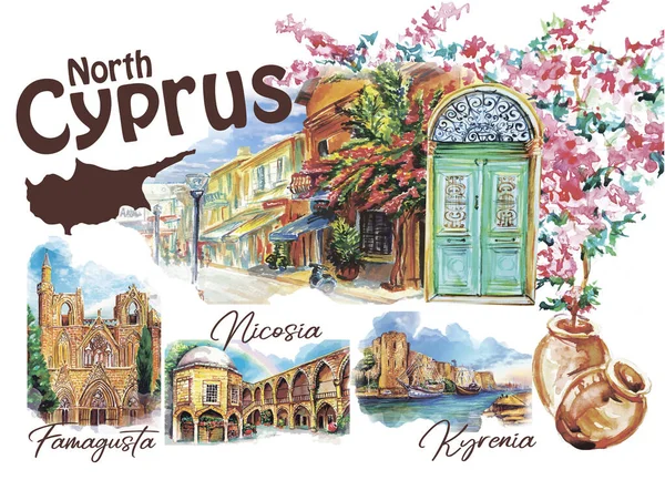 Set Watercolor Hand Drawn Art Landmarks North Cyprus Nicosia Kyrenia — Foto Stock