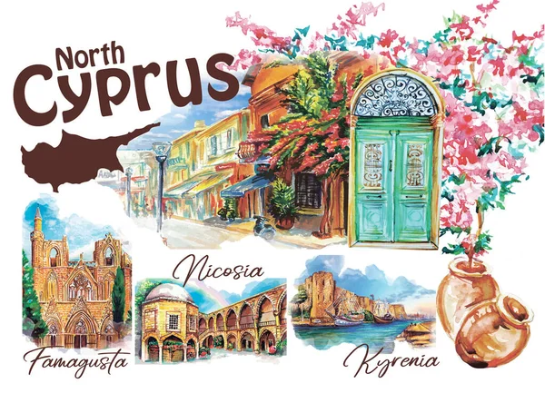 Bir dizi suluboya el, tarihi eser çizimi. Kuzey Kıbrıs. Lefkoşe, Kyrenia, Famagusta.