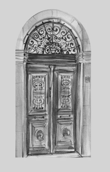 Watercolor Hand Drawn Art Old Door Cyprus — Zdjęcie stockowe