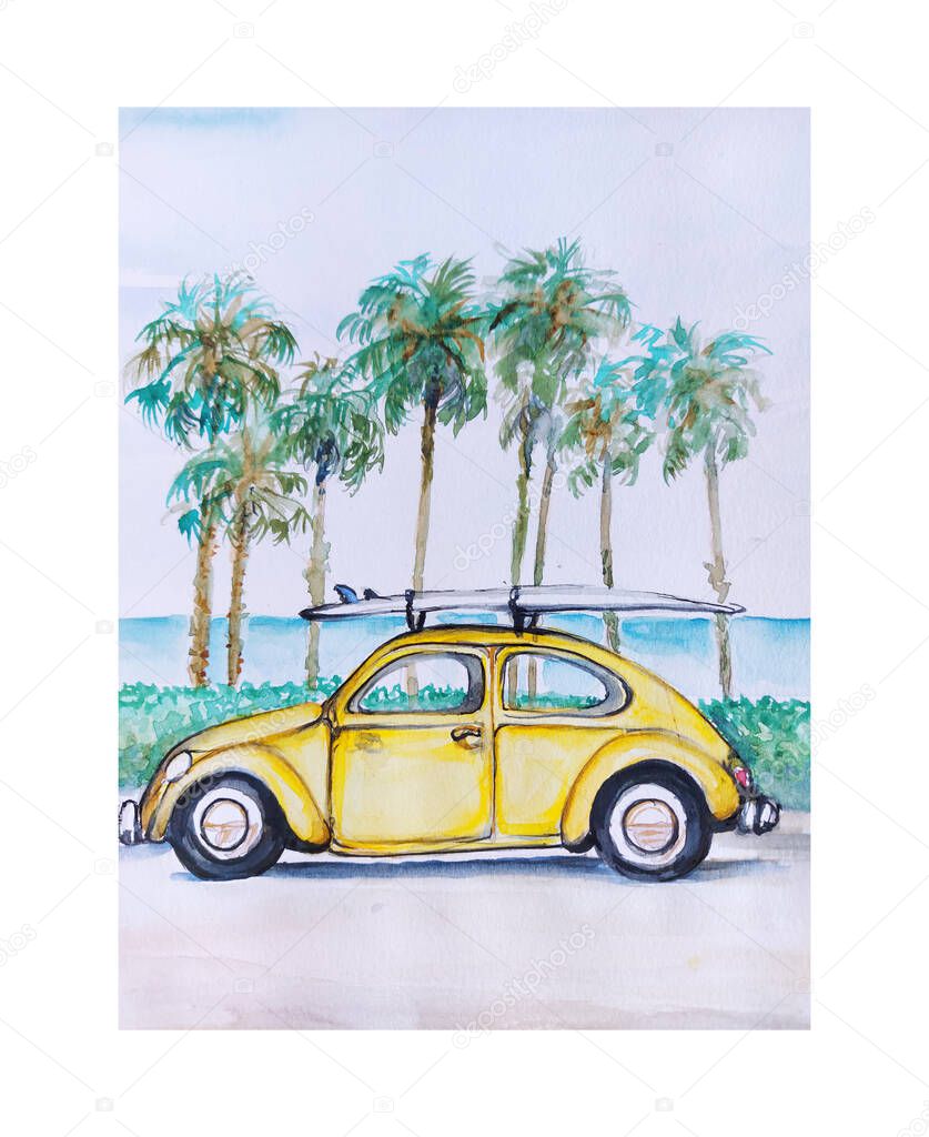 Watercolor illustration art vintage yellow car