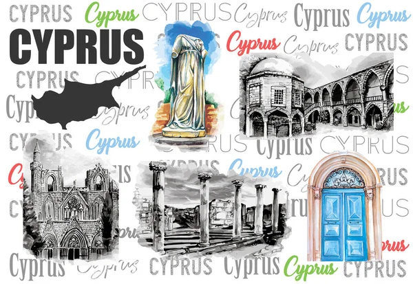 Mug Watercolor Drawing Art Cyprus Landmarks — Stock Photo, Image