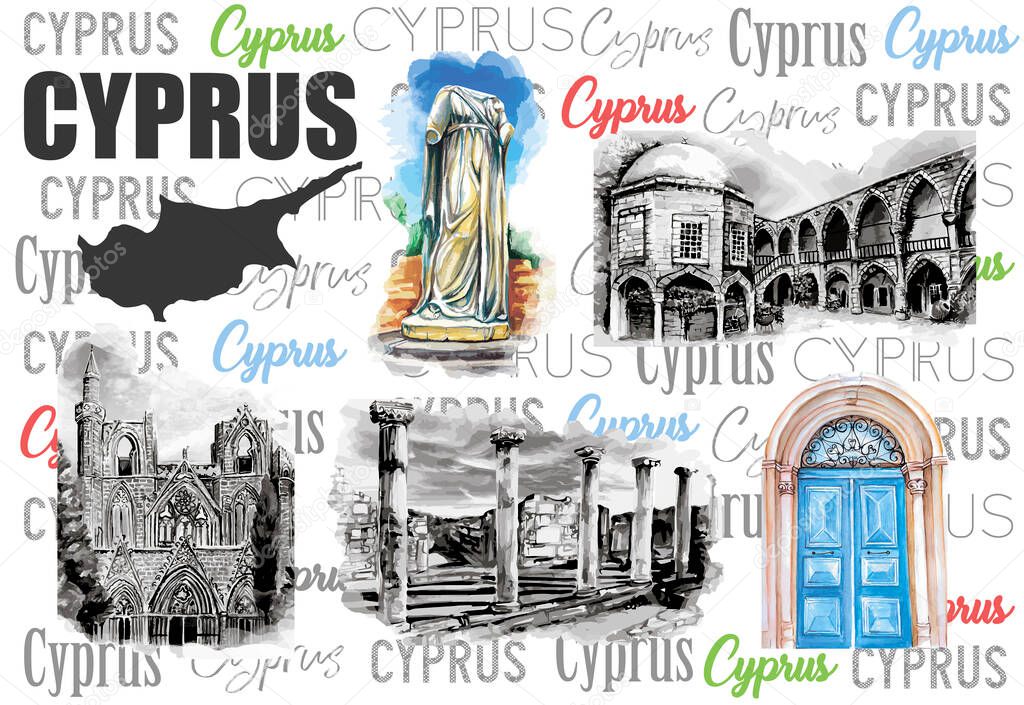 mug Watercolor drawing art of Cyprus landmarks