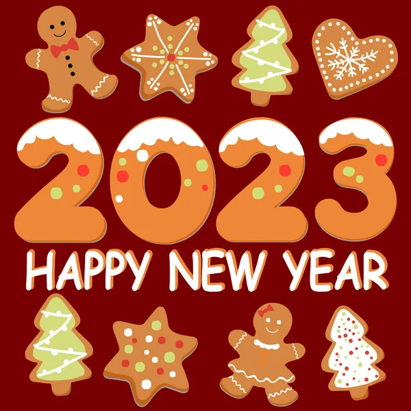 Gingerbread Gift Celebration New Year Card Vector Illustration 2023 — Stock vektor