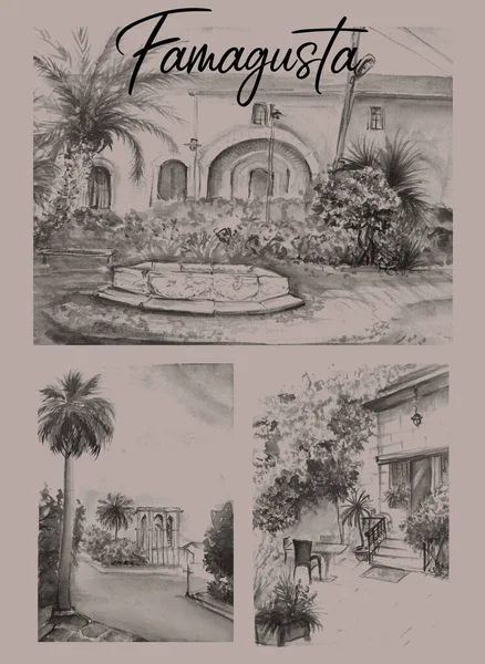 Watercolor Drawning Vintage Art Famagusta Town — Stockfoto