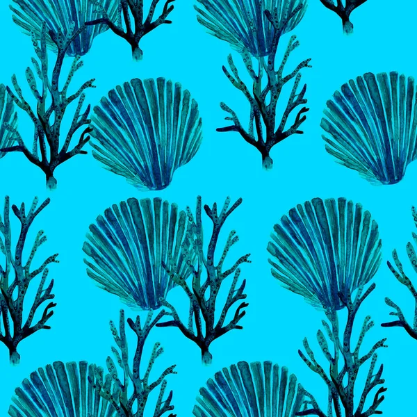 Acuarela Dibujada Mano Dibujo Conchas Marinas Arrecife Coral Ilustración Arte —  Fotos de Stock