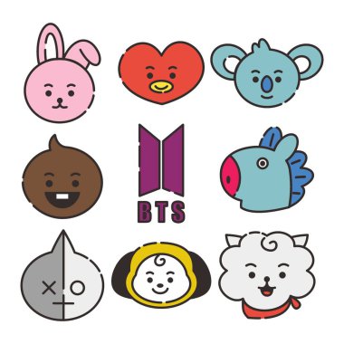Icon Set bt21 Character. A cute face cartoon. Suitable for smartphone wallpaper, prints, poster, flyers, greeting card, ect.