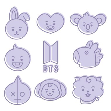 Icon Set bt21 Character. A cute face cartoon. Suitable for smartphone wallpaper, prints, poster, flyers, greeting card, ect.