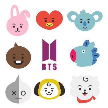 Icon Set bt21 Character. A cute face cartoon. Suitable for smartphone wallpaper, prints, poster, flyers, greeting card, ect.