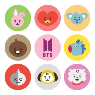Icon Set bt21 Character. A cute face cartoon. Suitable for smartphone wallpaper, prints, poster, flyers, greeting card, ect.