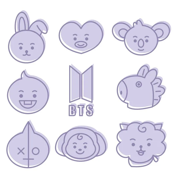 Icon Set Bt21 Character Cute Face Cartoon Suitable Smartphone Wallpaper — Image vectorielle