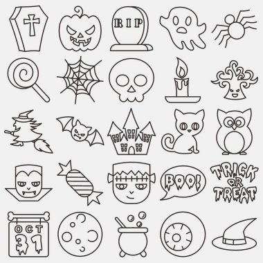 Simge cadılar bayramı elementlerini ayarladı. Simge satır biçiminde. Parmak izi, poster, el ilanı, parti dekorasyonu, tebrik kartı vs. için uygun.