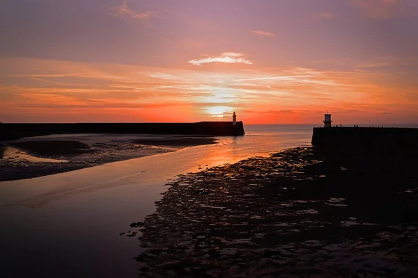 Orange Sunset Whitehaven Harbour Cumbria England Looking Out Irish Sea — Stock Fotó