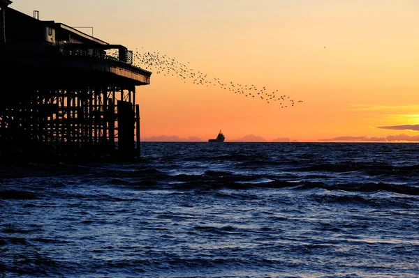 Zonsondergang Aan Ierse Zee Gezien Vanaf Blackpool Engeland — Stockfoto