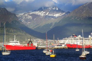 Boats in the Beagle Channel, near Ushuaia in the Tierra del Fuego region of southern Argentina