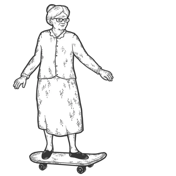 Oma fährt Skateboard. Skizzieren Sie Scratch Board-Imitation. Schwarz-Weiß. — Stockfoto