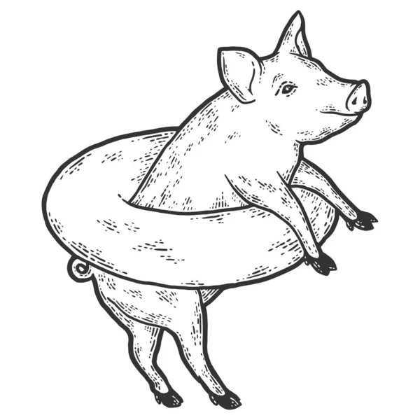 Cochon dans le cercle de natation. Croquis imitation de planche à gratter. Noir et blanc — Image vectorielle