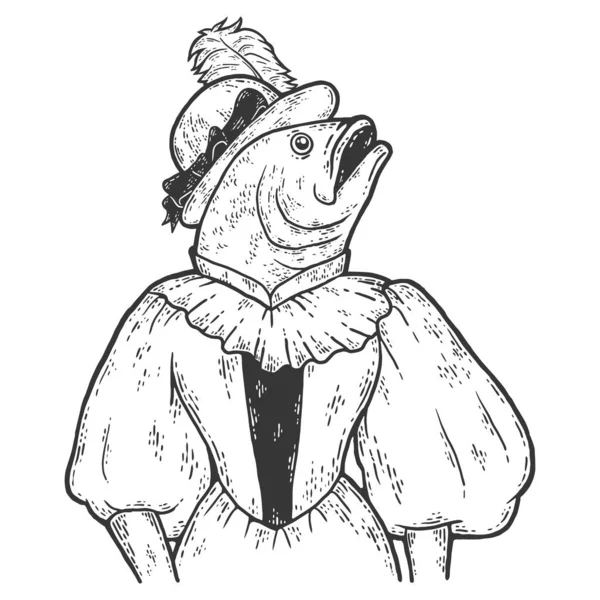 Donna vittoriana di pesce. Donna con cappello e completo. Personaggio animale di moda. Schizzo disegnato a mano. — Foto Stock