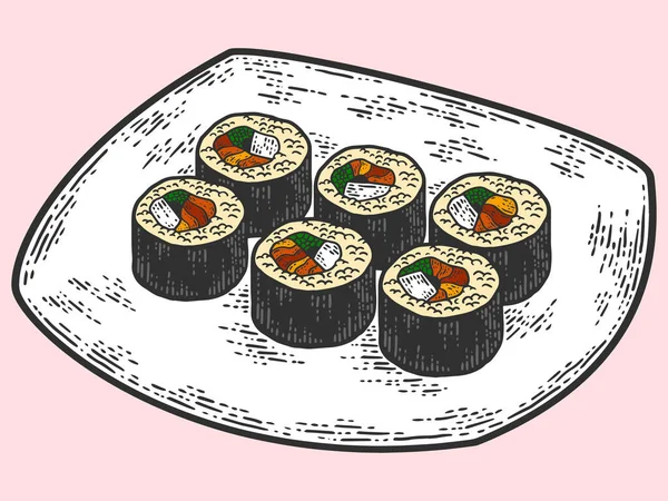 Set de platos de sushi. Color de la comida japonesa. Boceto imitación tablero de rasca. — Vector de stock