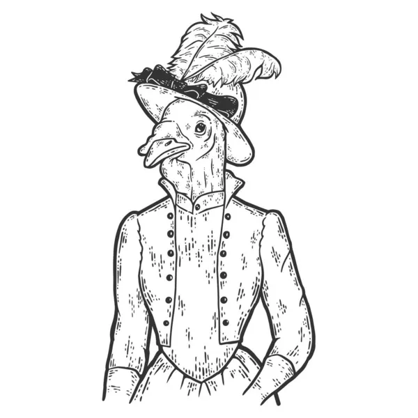 Turkse victoriaanse dame. Vrouw met hoed en pak. Mode dierlijk karakter. Handgetekende schets. — Stockvector