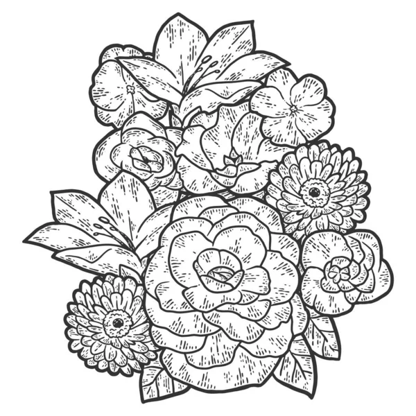 Arreglo floral, diseño. Imitación del sketch scratch board. Blanco y negro. — Archivo Imágenes Vectoriales