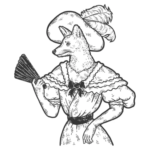 Wiktoriańska pani Fox. Kobieta w kapeluszu i garniturze. Charakter zwierzęcia mody. Ręcznie rysowany szkic. — Zdjęcie stockowe