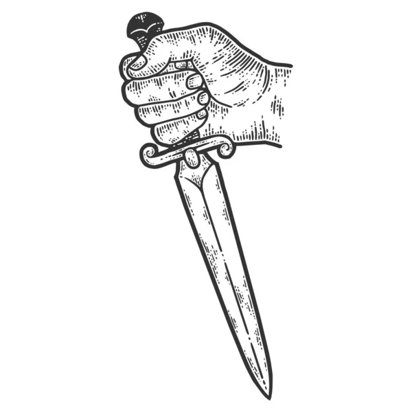 Main tenant une dague. Croquis imitation de planche à gratter. Noir et blanc. — Image vectorielle
