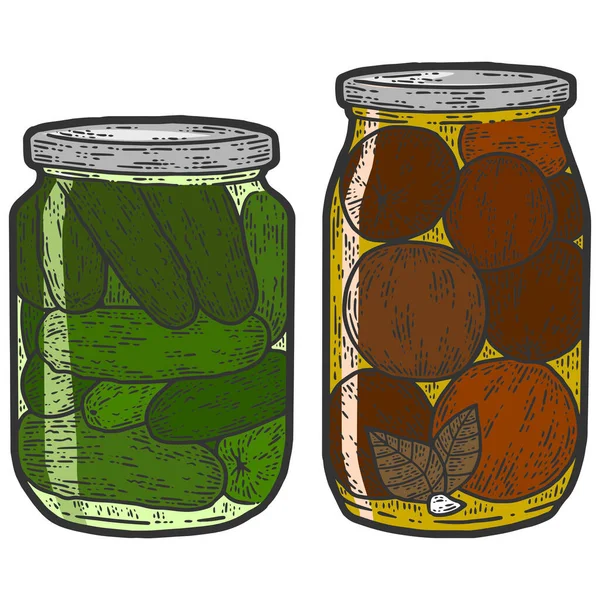 Conservation, couleur définie. Deux pots de concombres et de tomates. Croquis imitation de planche à gratter. — Photo