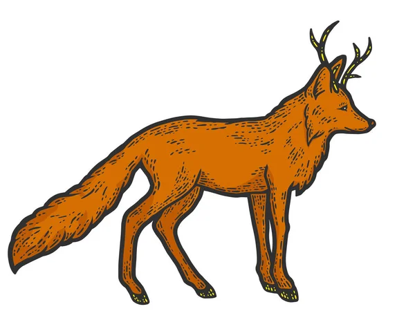 Fantastique animal, un renard aux cornes et aux sabots. Croquis imitation de planche à gratter — Image vectorielle