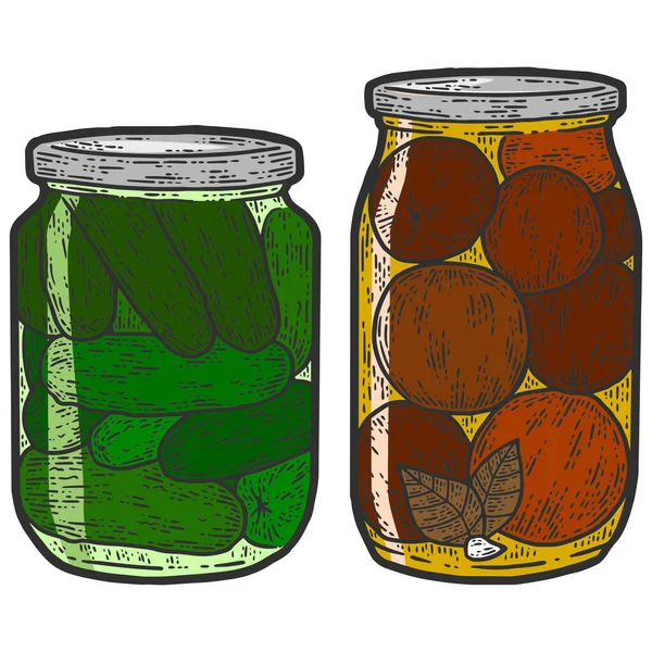 Conservation, couleur définie. Deux pots de concombres et de tomates. Croquis imitation de planche à gratter. — Image vectorielle